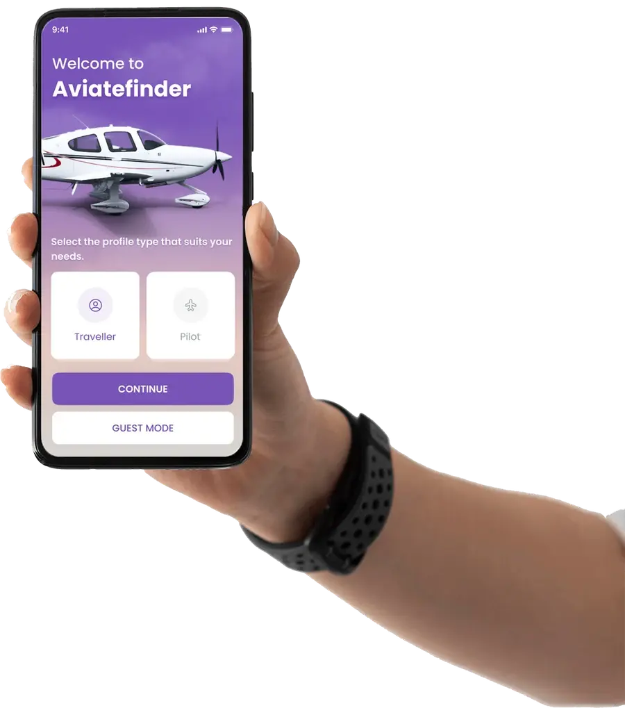 Hand hält ein Smartphone mit dem Startbildschirm der Aviatefinder-App