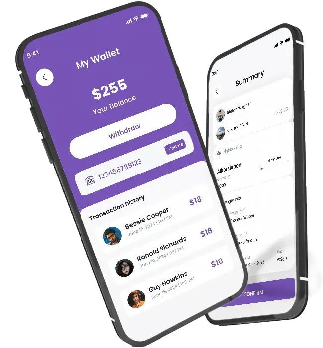 Aviatefinder-App zeigt Wallet mit Guthaben und die Buchungsübersicht