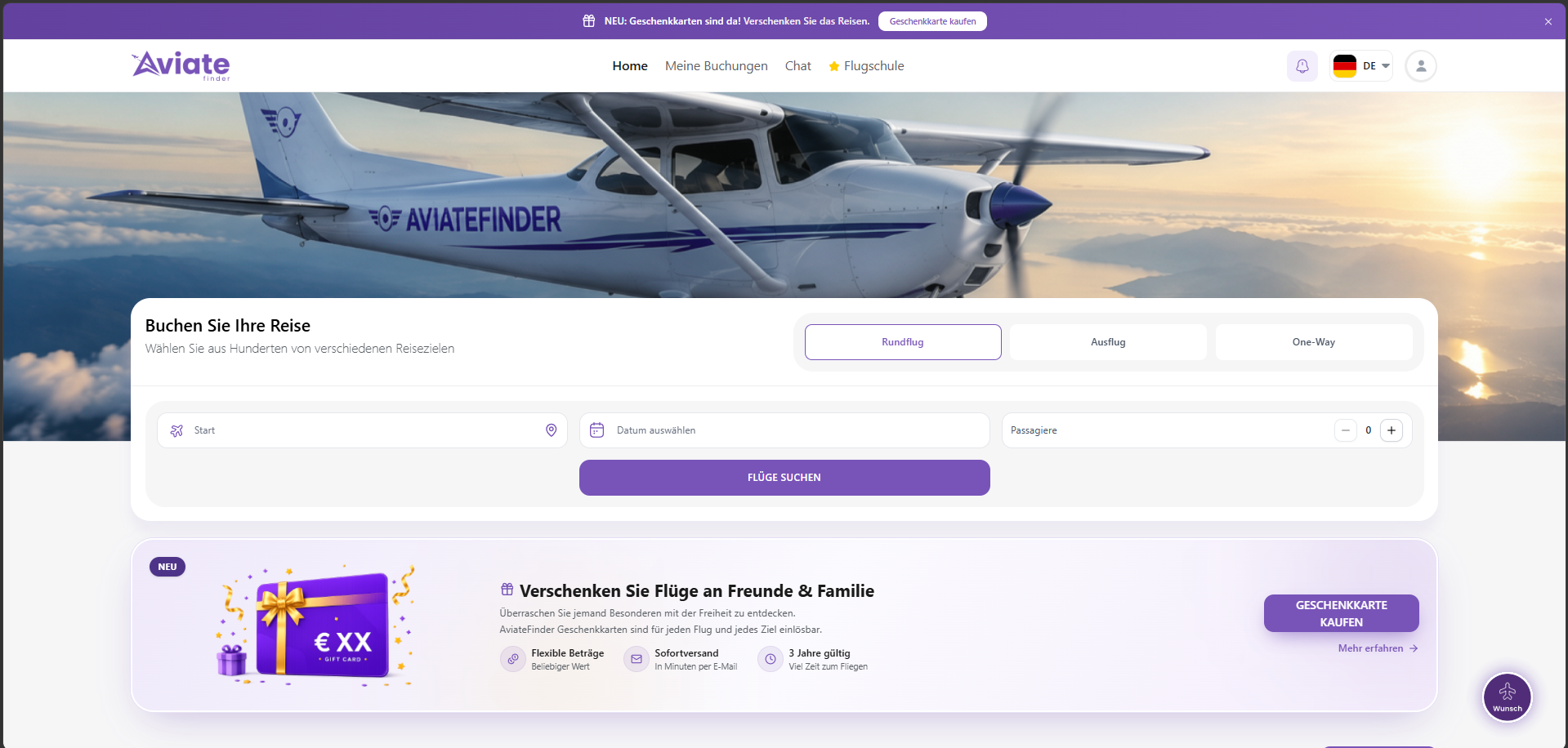 Aviatefinder-Buchungsplattform mit Flugsuche