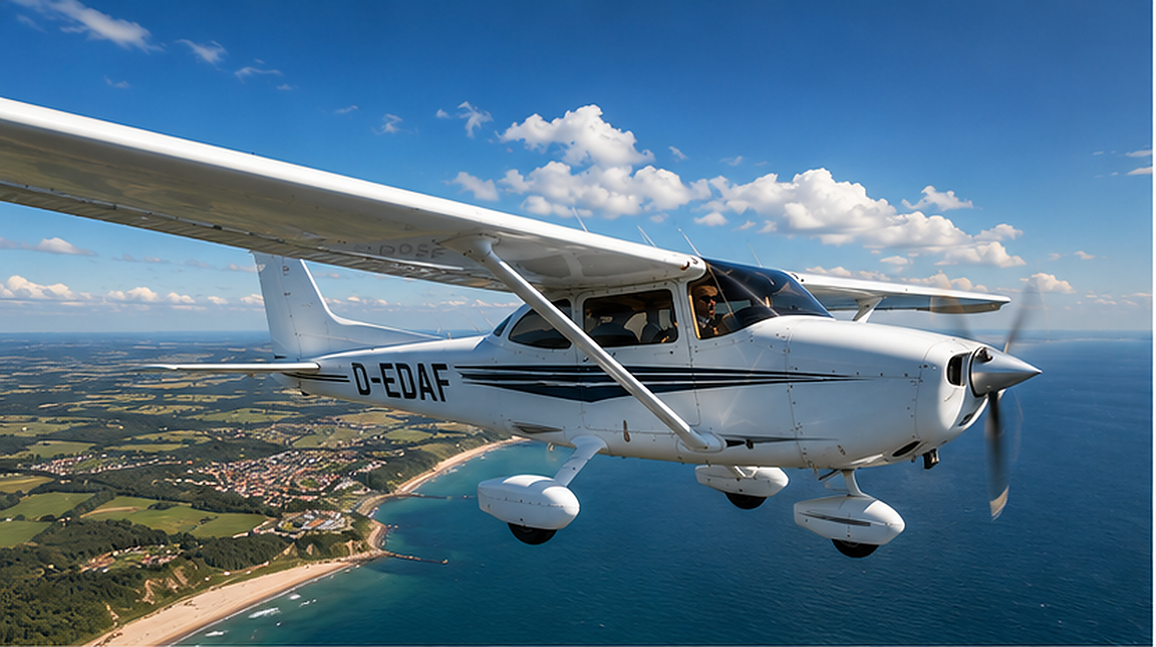 Cessna im Flug über der Küste mit eingezeichneter Rundflugroute