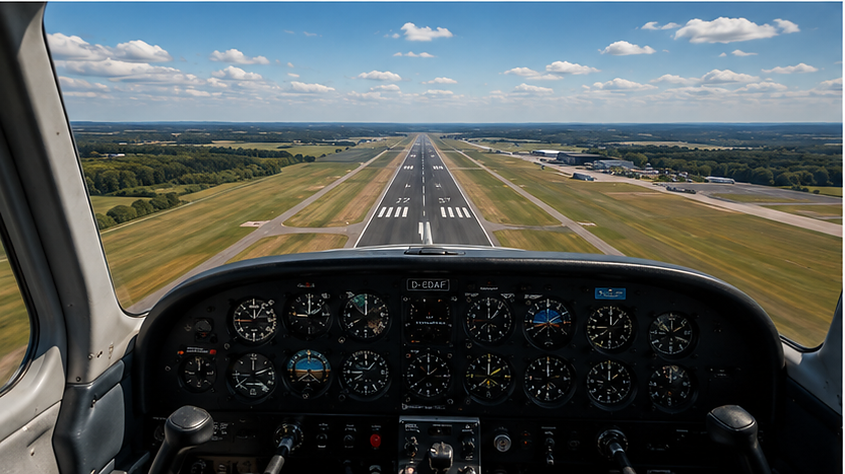 Blick aus dem Cockpit auf eine Landebahn mit eingezeichneter Flugroute