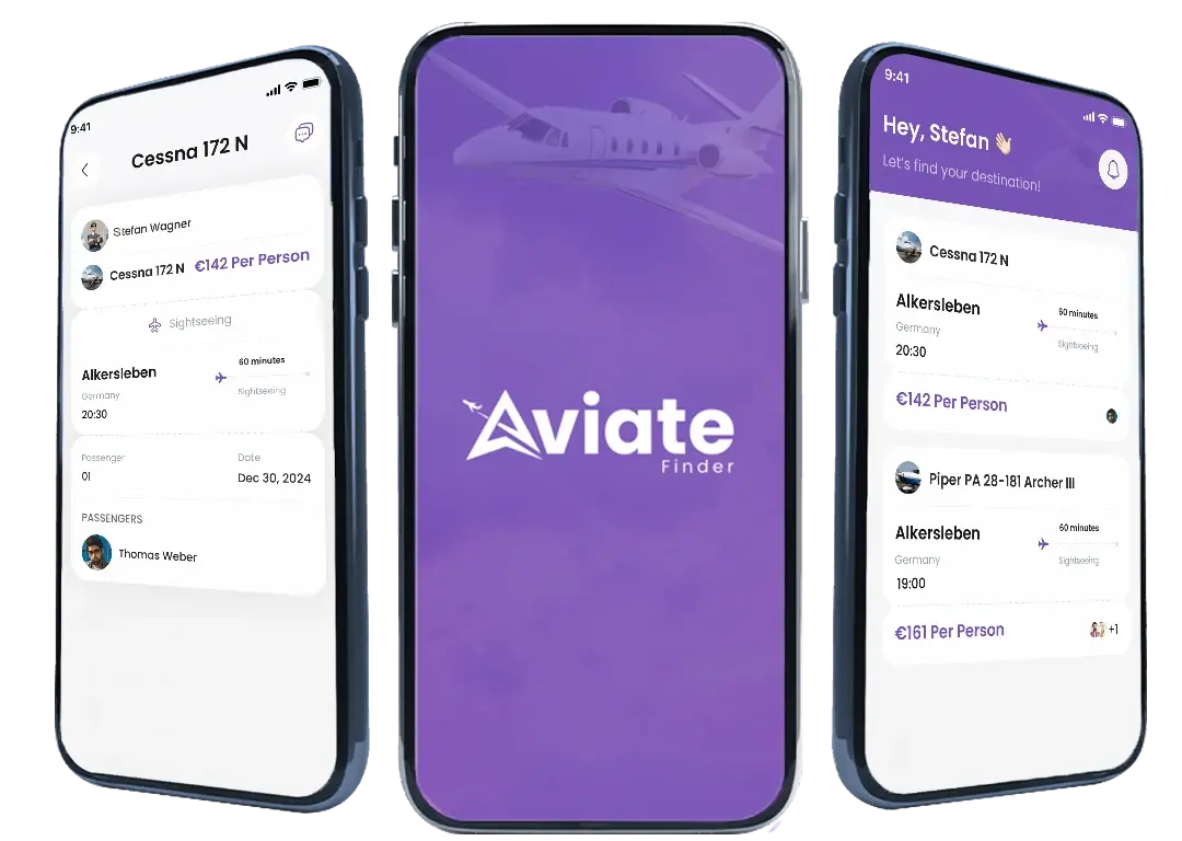 Drei Smartphones zeigen Flugdetails, Startbildschirm und Flugsuche der Aviatefinder-App