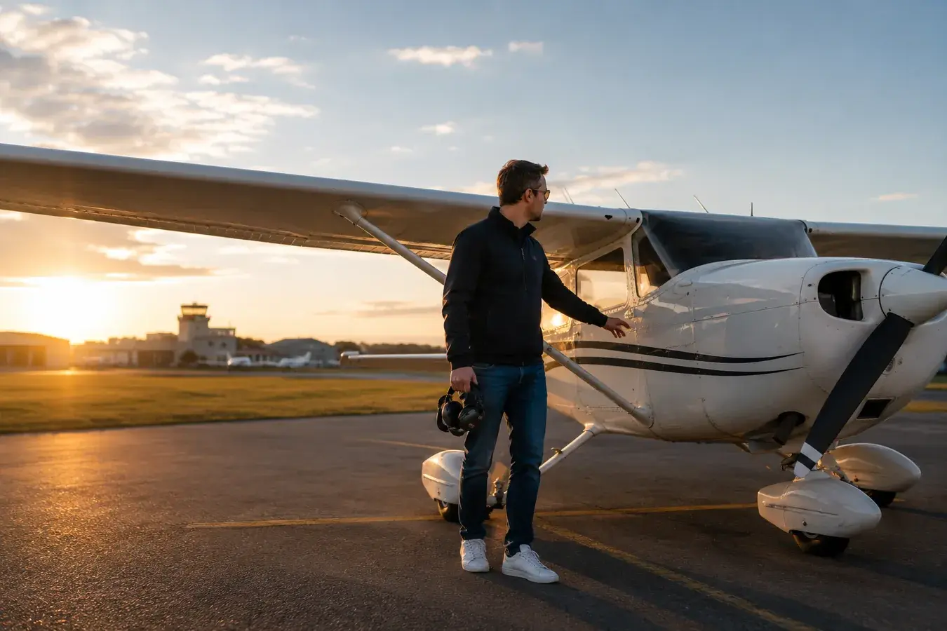 Pilot neben einer Cessna bei Sonnenuntergang